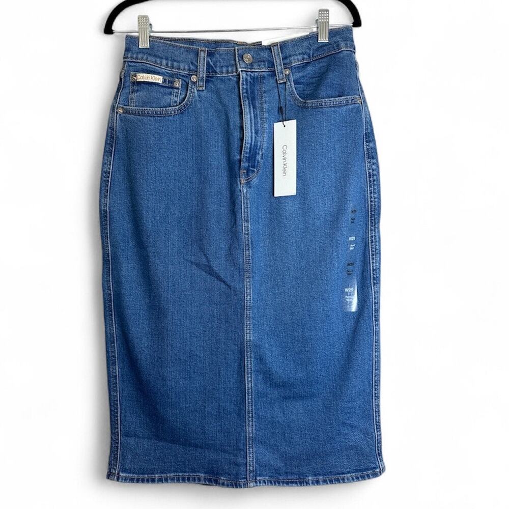 Calvin Klein Pencil Skirt Denim Women's W29 Back Slit Above Waist / Below Knee